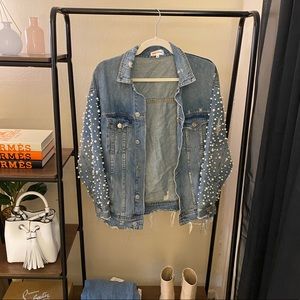 Oversized jean jack with pearl embellished sleeves